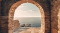 Generative AI, historic medieval stone arch windows with romantic view of sea or ocean