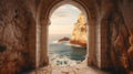 Generative AI, historic medieval stone arch windows with romantic view of sea or ocean