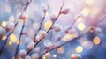 Generative AI holidays and object concept  close up of pussy willow branches decorated by easter eggs over bokeh l Royalty Free Stock Photo