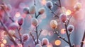 Generative AI holidays and object concept  close up of pussy willow branches decorated by easter eggs over bokeh l Royalty Free Stock Photo