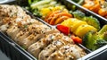 Generative AI Homemade Keto Chicken Meal Prep with Veggies in a Container business concept. Royalty Free Stock Photo