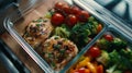Generative AI Homemade Keto Chicken Meal Prep with Veggies in a Container business concept. Royalty Free Stock Photo