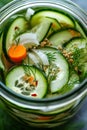 Generative AI Homemade pickled cucumbers with carrot, and onions. business concept. Royalty Free Stock Photo