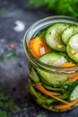 Generative AI Homemade pickled cucumbers with carrot, and onions. business concept. Royalty Free Stock Photo