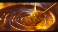 Generative AI Honey dripping from honey dipper in wooden bowl Closeup Healthy organic Thick honey dipping from the Royalty Free Stock Photo