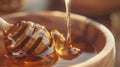 Generative AI Honey dripping from honey dipper in wooden bowl Closeup Healthy organic Thick honey dipping from the Royalty Free Stock Photo