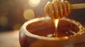 Generative AI Honey dripping from honey dipper in wooden bowl Closeup Healthy organic Thick honey dipping from the Royalty Free Stock Photo