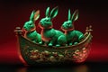 AI generated 3 horoscope rabbits sailing on a canoe concept for Happy Chinese new year 2023 the year of the water rabbit in