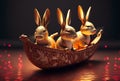 AI generated 3 horoscope rabbits sailing on a canoe concept for Happy Chinese new year 2023 the year of the water rabbit in