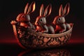 AI generated 3 horoscope rabbits sailing on a canoe concept for Happy Chinese new year 2023 the year of the water rabbit in