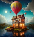 Generative AI: Hot Air Balloon Fantasy Landscape With Cute House