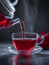 Generative AI Hot tea is pouring from glass teapot into cup. Hibiscus red tea in glass cup close-up view business Royalty Free Stock Photo