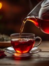 Generative AI Hot tea is pouring from glass teapot into cup. Hibiscus red tea in glass cup close-up view business Royalty Free Stock Photo