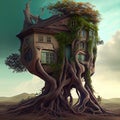 Generative AI: house built in the middle of the roots of a huge tree