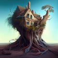 Generative AI: house built in the middle of the roots of a huge tree