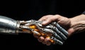 Human hand grasping a robotic hand, symbolizing the intersection of humanity and artificial intelligence in modern technology