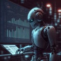 Generative AI humanoid robot working on laptop computer with stock market chart