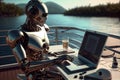 Generative AI humanoid robot working on laptop computer on yacht deck