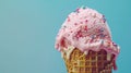 Generative AI Ice cream cone closeup Pink Icecream scoop in waffle cone over blue background Strawberry or raspber Royalty Free Stock Photo