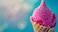 Generative AI Ice cream cone closeup Pink Icecream scoop in waffle cone over blue background Strawberry or raspber Royalty Free Stock Photo