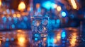 Generative AI ice cube in an empty glass on a bar counter in bar or pub business concept. Royalty Free Stock Photo