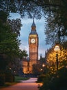 Generative AI Iconic Big Ben Clock Tower Surrounded by Green Trees in Park Setting with Evening Light business con Royalty Free Stock Photo