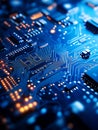Generative AI Illuminated Blue Circuit Board Depicting Advanced Electronic Technology and Digital Connectivity bus