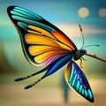 A vibrant blue, yellow, and orange butterfly gracefully flying on a clear background. Generative Ai