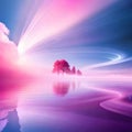 Attractive light blue backdrop with pink lighting and white smoke flowing on the floor. Ideal abstract presentation background.AI Royalty Free Stock Photo