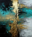 Generative AI illustration of abstract oil painting on textured canvas with lovely turquoise, grey and gold filaments interaction