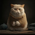 Generative AI illustration of adorable cute fluffy cat in warm knitted sweater sitting on table near yarn and needles against