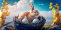 Generative AI illustration of Easter bunny sitting in nest with blue eggs