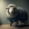 Generative AI illustration of adorable white little sheep in warm knitted clothes standing on wooden floor and looking at camera