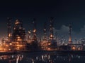 Generative AI illustration of aerial view of illuminated industrial petroleum refinery with distillation towers