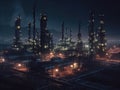 Generative AI illustration of aerial view of illuminated industrial petroleum refinery with distillation towers