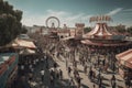 Generative AI illustration of aerial view of trade fair with crowd of people walking on city street with shops and Ferris wheels