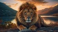 Generative ai illustration of a African male Lion with mountain and river Royalty Free Stock Photo