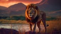 Generative ai illustration of a African male Lion with mountain and river Royalty Free Stock Photo