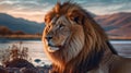 Generative ai illustration of a African male Lion with mountain and river Royalty Free Stock Photo
