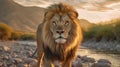 Generative ai illustration of a African male Lion with mountain and river Royalty Free Stock Photo