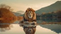 Generative ai illustration of a African male Lion with mountain and river Royalty Free Stock Photo