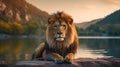 Generative ai illustration of a African male Lion with mountain and river Royalty Free Stock Photo