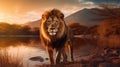 Generative ai illustration of a African male Lion with mountain and river Royalty Free Stock Photo