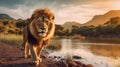 Generative ai illustration of a African male Lion with mountain and river Royalty Free Stock Photo