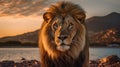 Generative ai illustration of a African male Lion with mountain and river Royalty Free Stock Photo