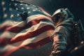 AI generated american hero patriot man at dark USA flag background blowing wind Royalty Free Stock Photo