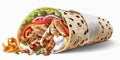 Generative AI illustration of appetizing Mexican burrito with vegetables and chicken meat served with sauce in pita isolated on