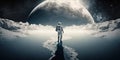 astronaut walking on a strange planet, moon in background, generated ai image Royalty Free Stock Photo