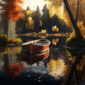 Generative AI illustration of Autumn Fall landscape scene of singe rowing boat on calm lake in forest at sunrise with Fall colors Royalty Free Stock Photo