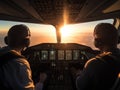 Generative AI illustration of back view of unrecognizable pilots in uniform and headsets sitting in cockpit Royalty Free Stock Photo